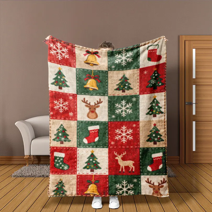 Colorful checkered flannel blanket with Christmas motifs, comfortable all year round, suitable for beds, sofas, travel, and offices. Machine washable, modern style.
