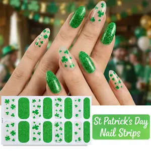 St Patrick’s Day Gel Nail Strips 16 Tips, Green Shamrock Nail Wraps, UV Lamp Required, DIY Manicure