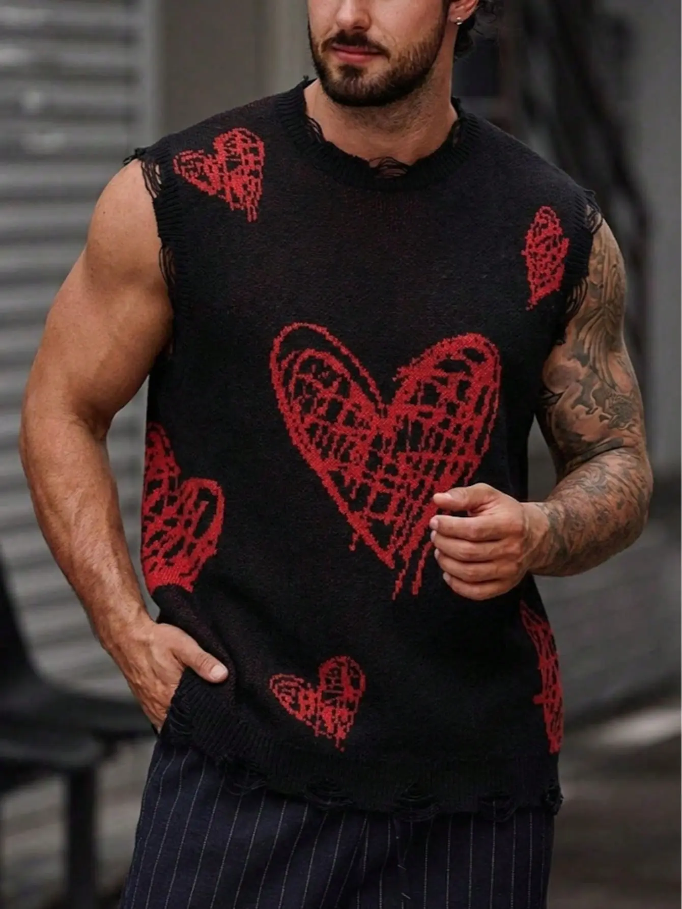 Men's Crew Neck Frayed Edge Knitted Vest Street Style Sleeveless Sweater Distressed Hem Casual Loose Fit