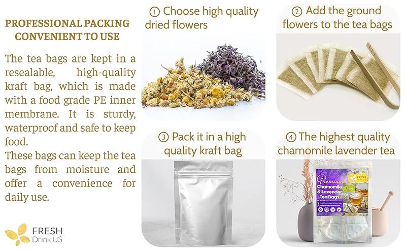 60 Chamomile Lavender Tea Bags, 100% Natural Ingredients, Hand-made Blend of Chamomile and Lavender Flowers, Eco-conscious Tea Bags. Chamomile Lavender Herbal Tea. No Sugar, No Caffeine, No Gluten, Vegan. Beverage