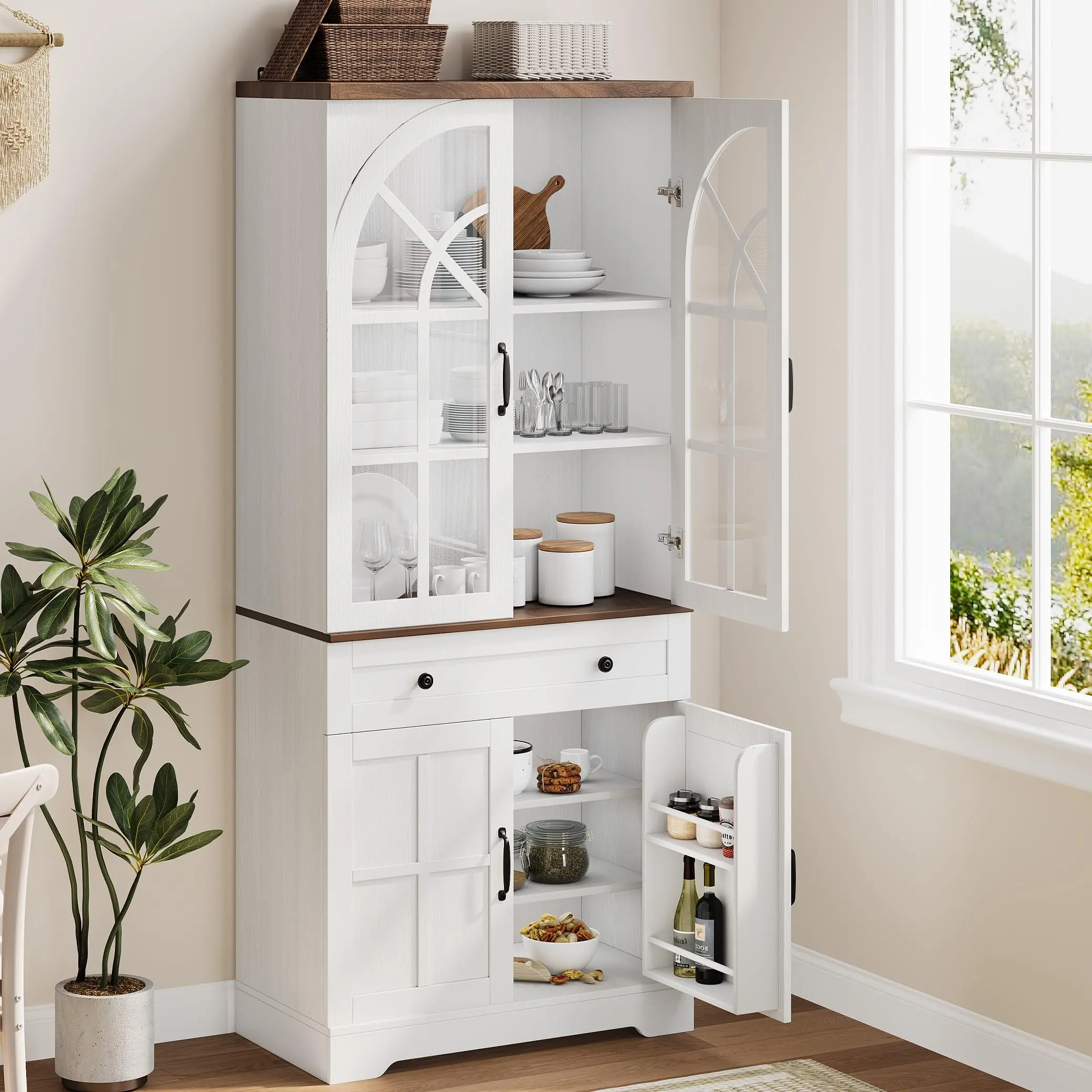Garvee Farmhouse Pantry Cabinet, 71.9" Tall Freestanding Kitchen Cabinet with Tempered Glass Doors& Anti-Tip Design for Kitchen, Dining Room & Living Room,White