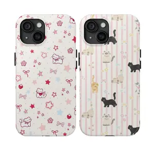 Kawaii Cat Phone Case  Cute Cartoon Black Cat & Star Design, Aesthetic Pastel iPhone11, 12, 13, 14, 15, 16, 17 Cover for Girls & Cat Lovers, Soft Pink Striped Pattern with Star Details, Adorable Anime-Inspired Style, Perfect Gift for Teen Girls & Cat Fans