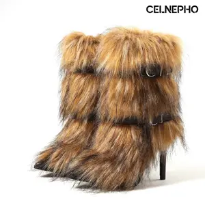 CELNEPHO Faux Fur Boots for Women Pointed Toe Stiletto Heel Mid Calf Boot Adjustable Buckle Warm Cozzy Booties Easy Pull on Gift Cosplay Everyday Wear Party Club Dress Shoes
