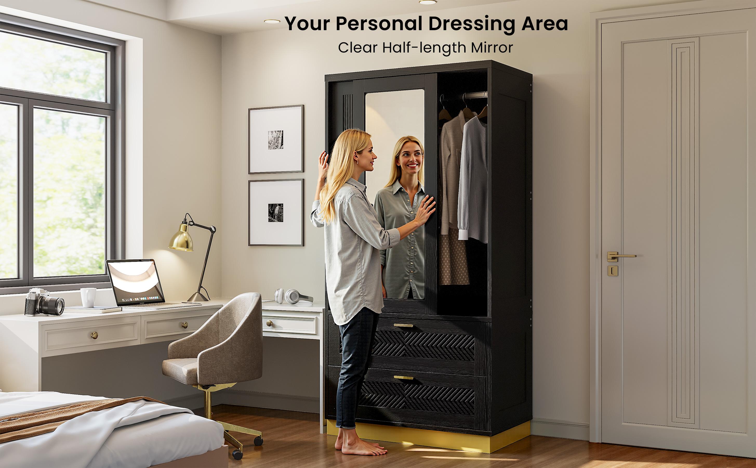 ANCTOR 71" Modern Armoire Wardrobe Closet with Mirror, 2-Door Tall Wardrobe Closet with Sliding Doors 2 Large Drawers Hanging Rod Anti-Tip Kit Freestanding Closets for Bedroom, Apartment, Cloak Room