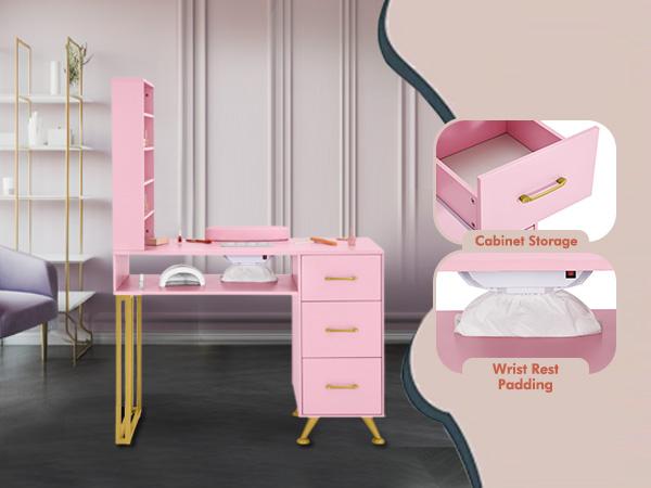 Sturdy Pink Manicure Table with Dust Collector Nail Desk with Nail Arm Rest Open Shelves Leather Padded Walls for Nail Techs