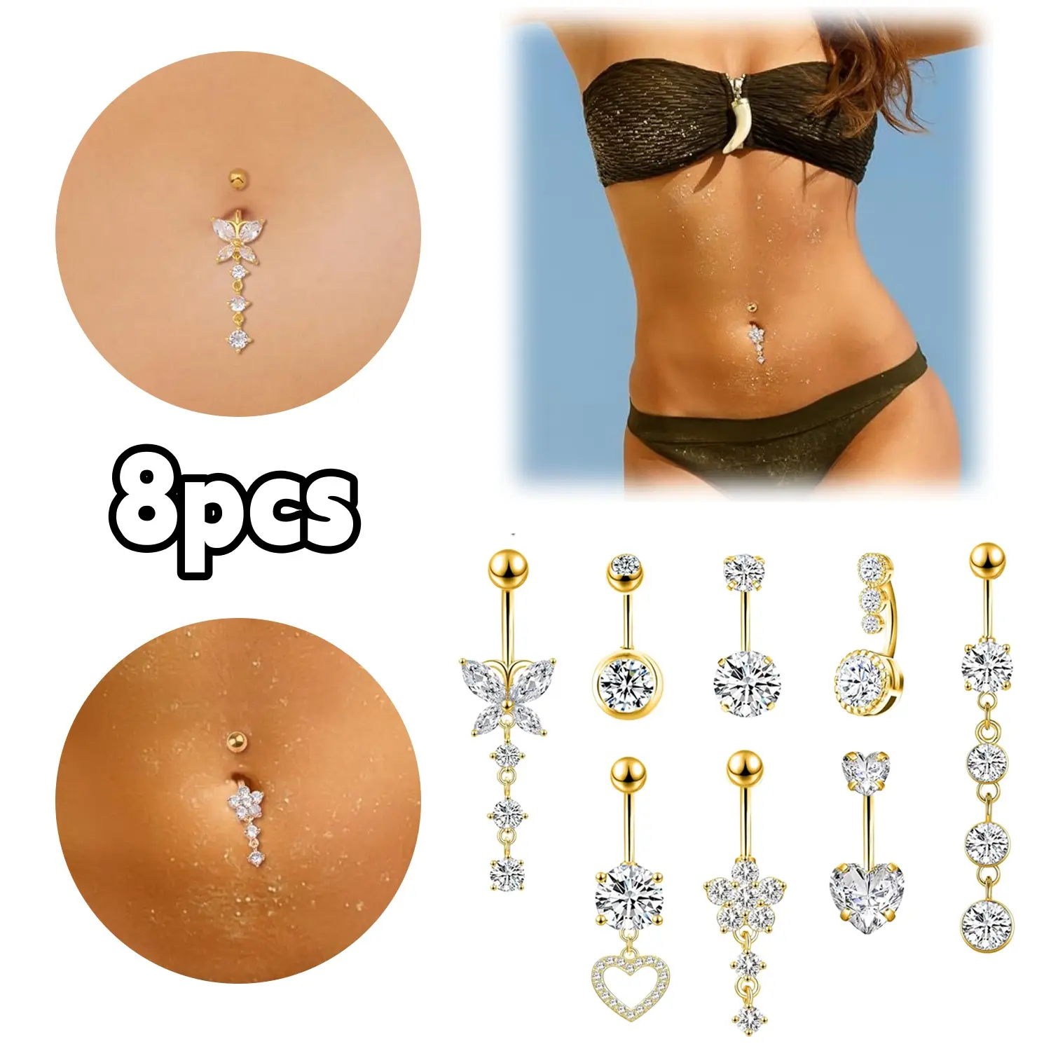8pcs Golden Belly Button Rings Dangle Belly Rings Navel14G Surgical Steel Belly Rings Belly Piercing Piercing Jewelry floating navel wedding set,summerwins accessories women
