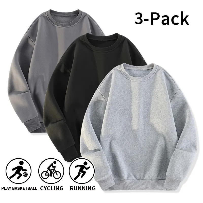 Men's Plain Crewneck Sweatshirts - Loose-Fit Polyester Long Sleeve Tops, 1-Pack/3-Pack Casual Wear for Fitness, Running, Sweatshirt