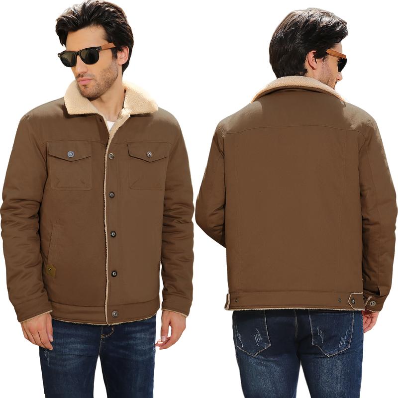 Men's Winter Jacket Sherpa Lined Jacket Warm Trucker Coat Multi Pocket Casual Collared Menswear Tops Cotton Fleece Long Sleeve FallFreshness Khaki Beige Jacket Outdoorfun