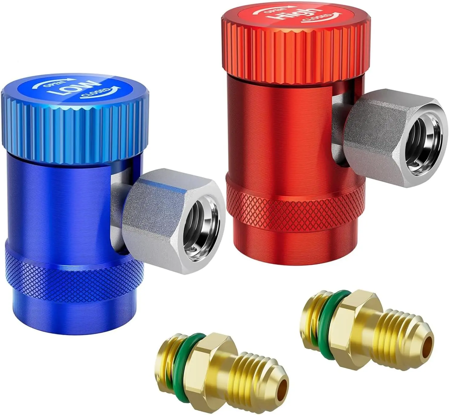 HTOMT R1234yf Adjustable Quick Coupler Adapter Set for Automotive AC Service Ports - 2-Piece Aluminum Bronze High/Low Side Adapters with Knurled Grip, 1/4-Inch Male Flare Fittings, Set Includes Easy Operation, No Leakage Guaranteed, Perfect Fit
