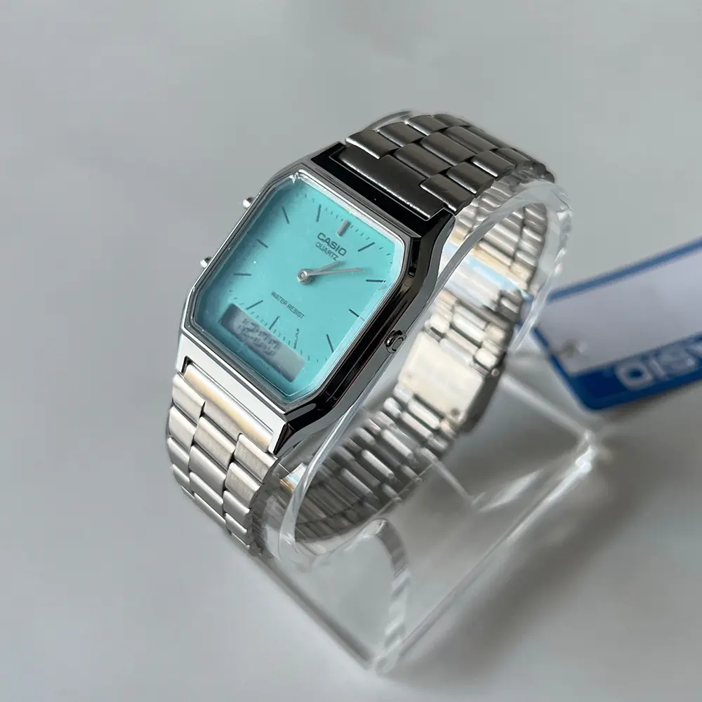 Casio Unisex Vintage Analog-Digital Watch AQ230A Classic Design  Turquoise Blue Stainless Steel Bracelet