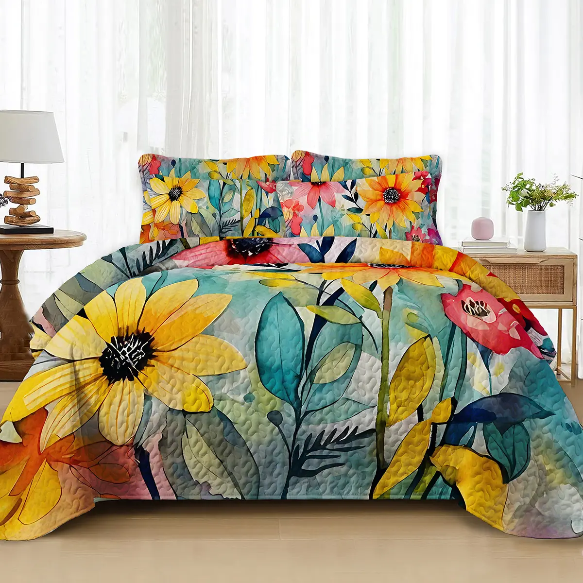 Quilted Bedspread Set - Reversible Sunflower Garden Bedding Set with 2 Shams, Premium Stitched Flat Weave Coverlet, Vivid Digital Print, Resists Pilling, Anti-Shrink, Anti-Deform, Breathable Weave Keeps Sleep Airy, All-Season Queen/King Bedroom Decor, Bed