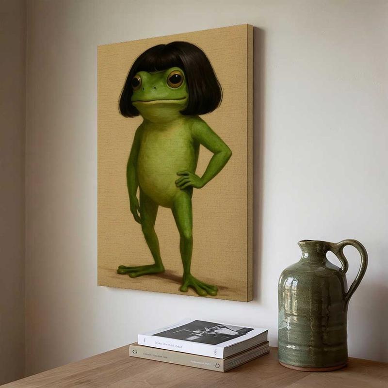 Whimsical Frog Portrait Canvas Poster Funny Animal Abstract  Mimalist Green  Funny Frog Poster Art Print Bob Haircut Kids Playroom Decor Frog Lover Gift Unique Wall Art quirky wall decor opossum humor artwork funny poster 24x  36 unique art decor posters