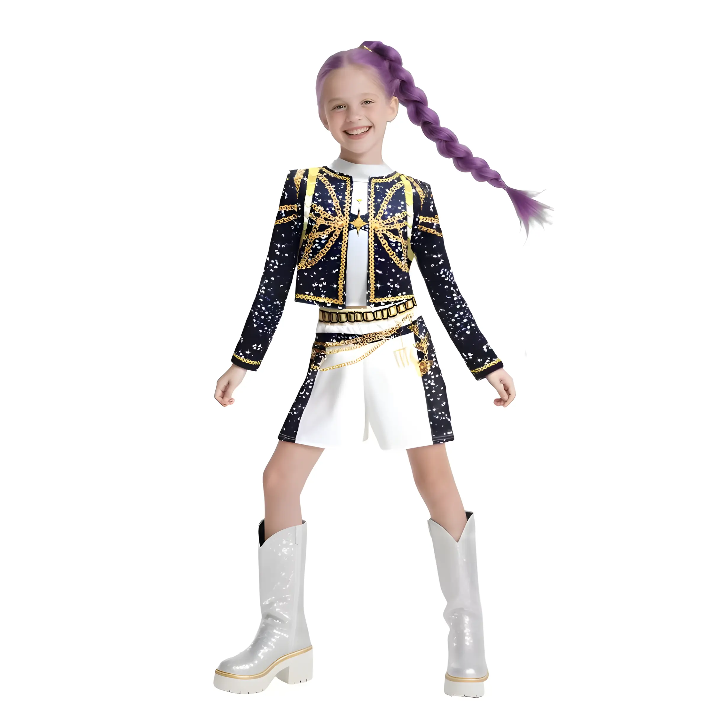 Girls K-Pop Role Play Costume 3-Piece Pop Star Dance Outfit - Cropped Jacket, Top & High-Waist Shorts Set for Halloween Party Dress Kids