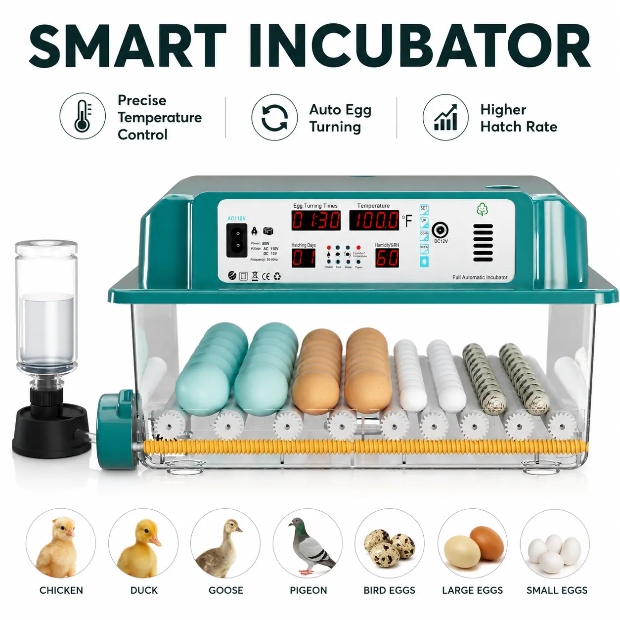 Professional 64 Egg Incubator Fully Automatic with Turner - Dual Power Supply & Intelligent Temp Control Poultry Hatcher Machine smart