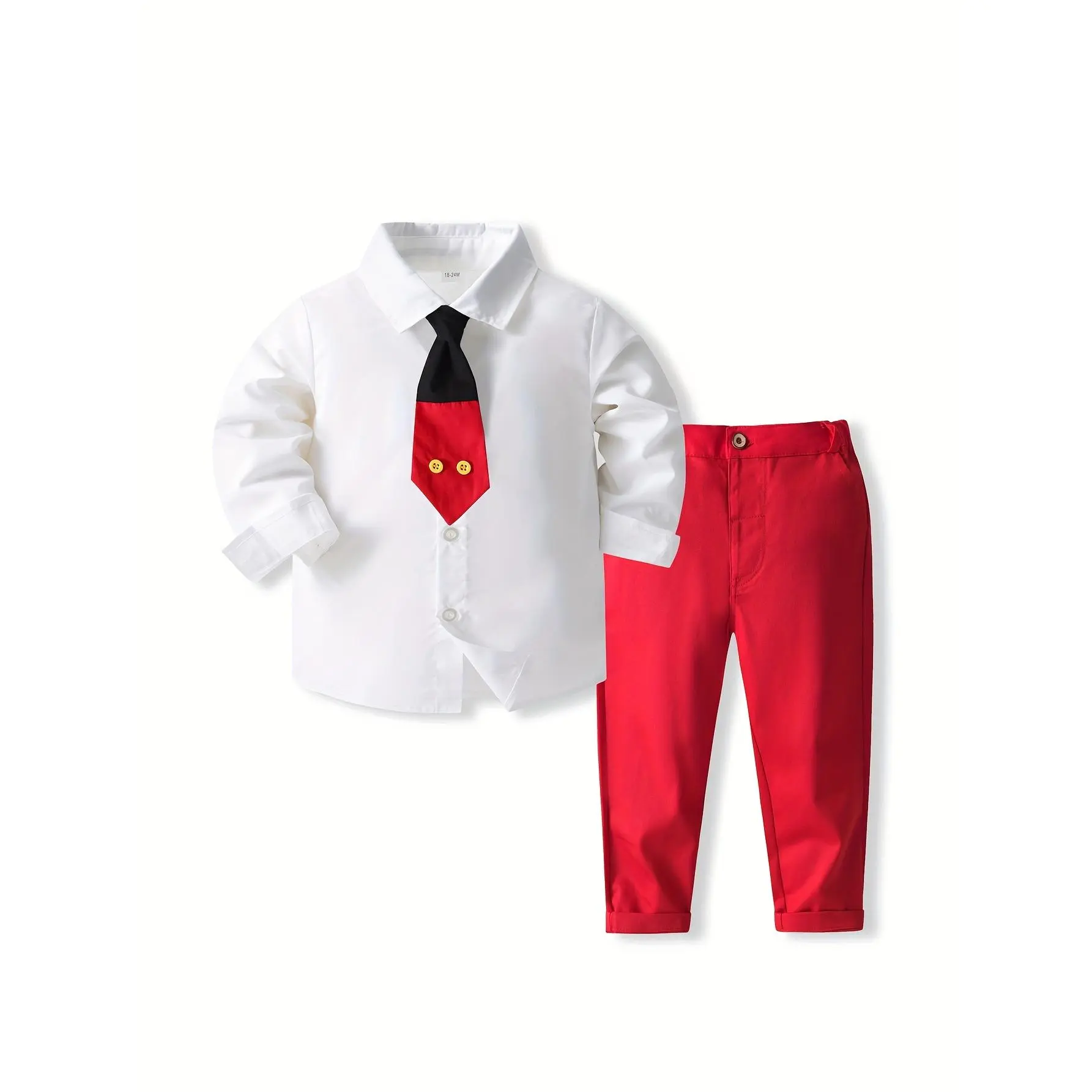 Boys' And Girls' Two-Piece School Uniform Set with Long-Sleeve White Shirt, Long Pants, And a Stylish Tie for Parties And Performances.