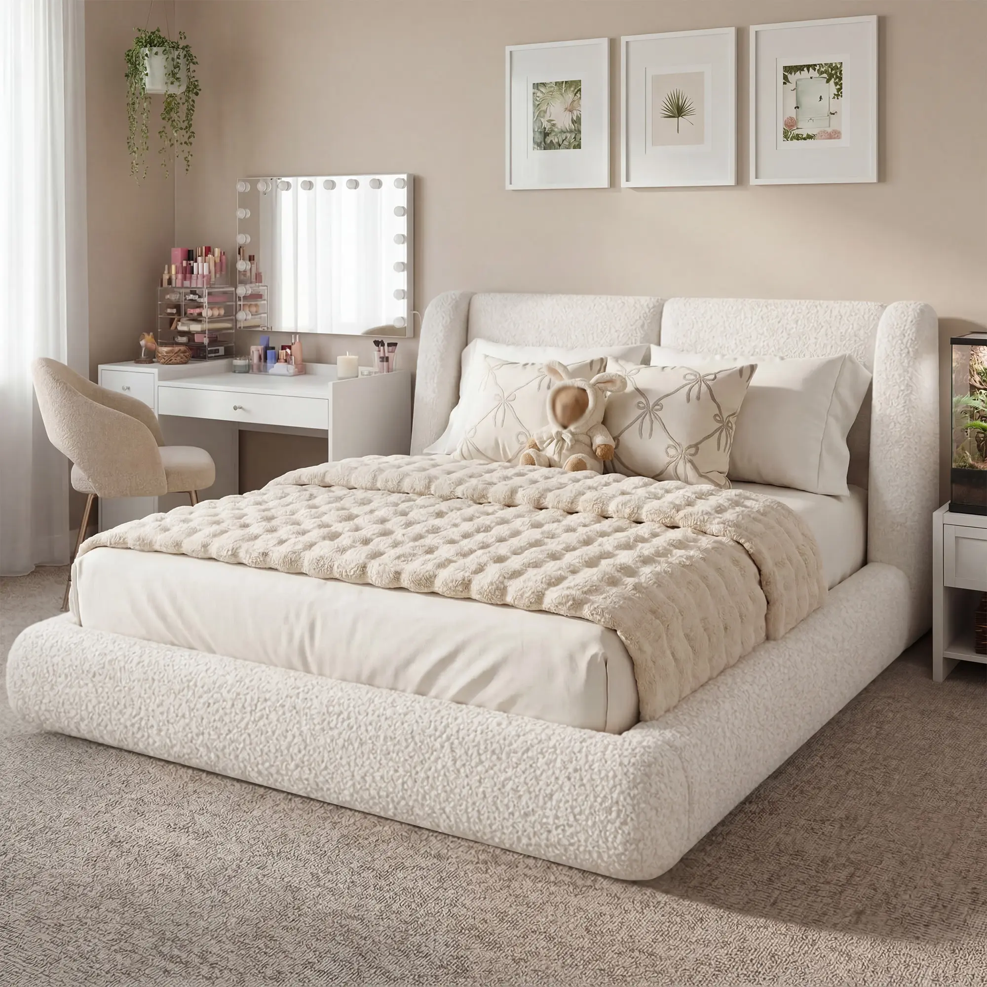 Raybee Cloud Bed Frame with 5-inch Thick Headboard Protection, Upholstered Soft Full/Queen/King Size Bed Frame for Active Families, Boucle Cloud Bed Dupe for Guest Bedroom & Dorm, No Box Spring Needed, Beige