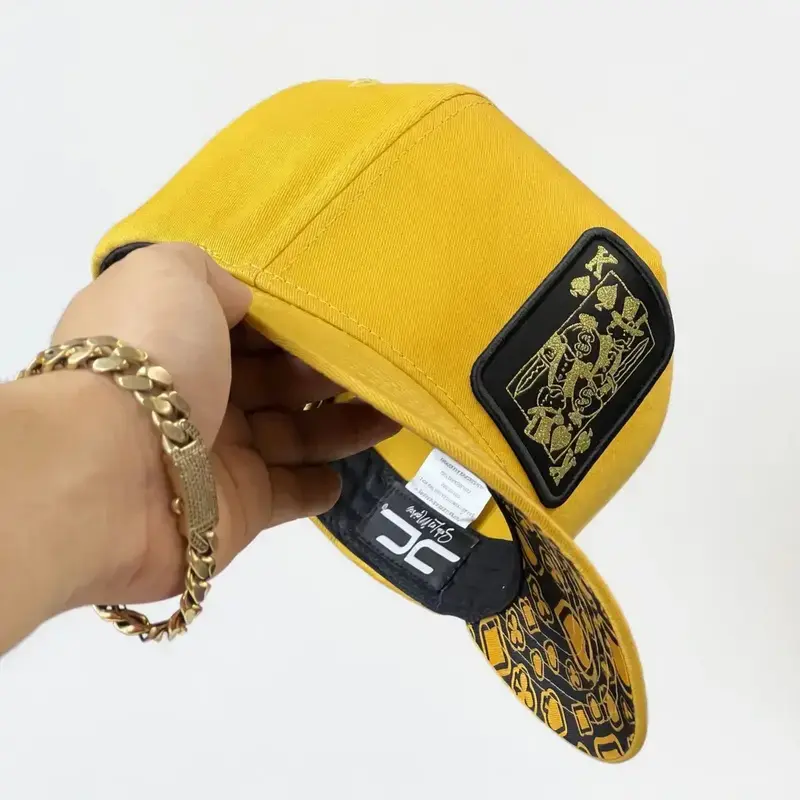 JC Yellow King of Spades Poker Patch Snapback Cap - Printed Underbrim, Flat Brim, Adjustable Unisex Hip Hop Streetwear Urban Sports Outdoor Hat for Men, Women