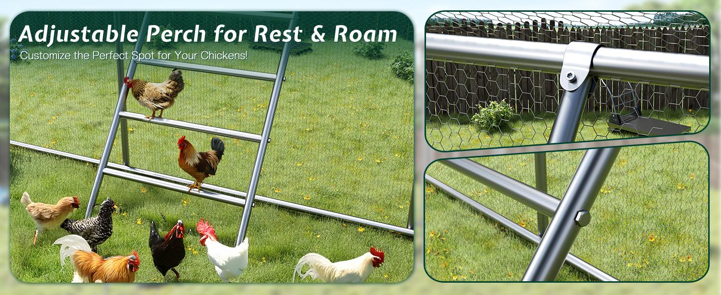 VanAcc Large Chicken Coop with Perch and Hinged Door, Spire Roof Walk-in Chicken Run with Metal Frame and PE Cover for Backyard Poultry, Ducks, Rabbits