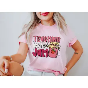 Teaching Is My Jam Adult T-shirt - Casual Comfy Teacher Top with Playful Design & Jam Jar Graphic - Teacher Appreciation Gift - Hello Handpressed