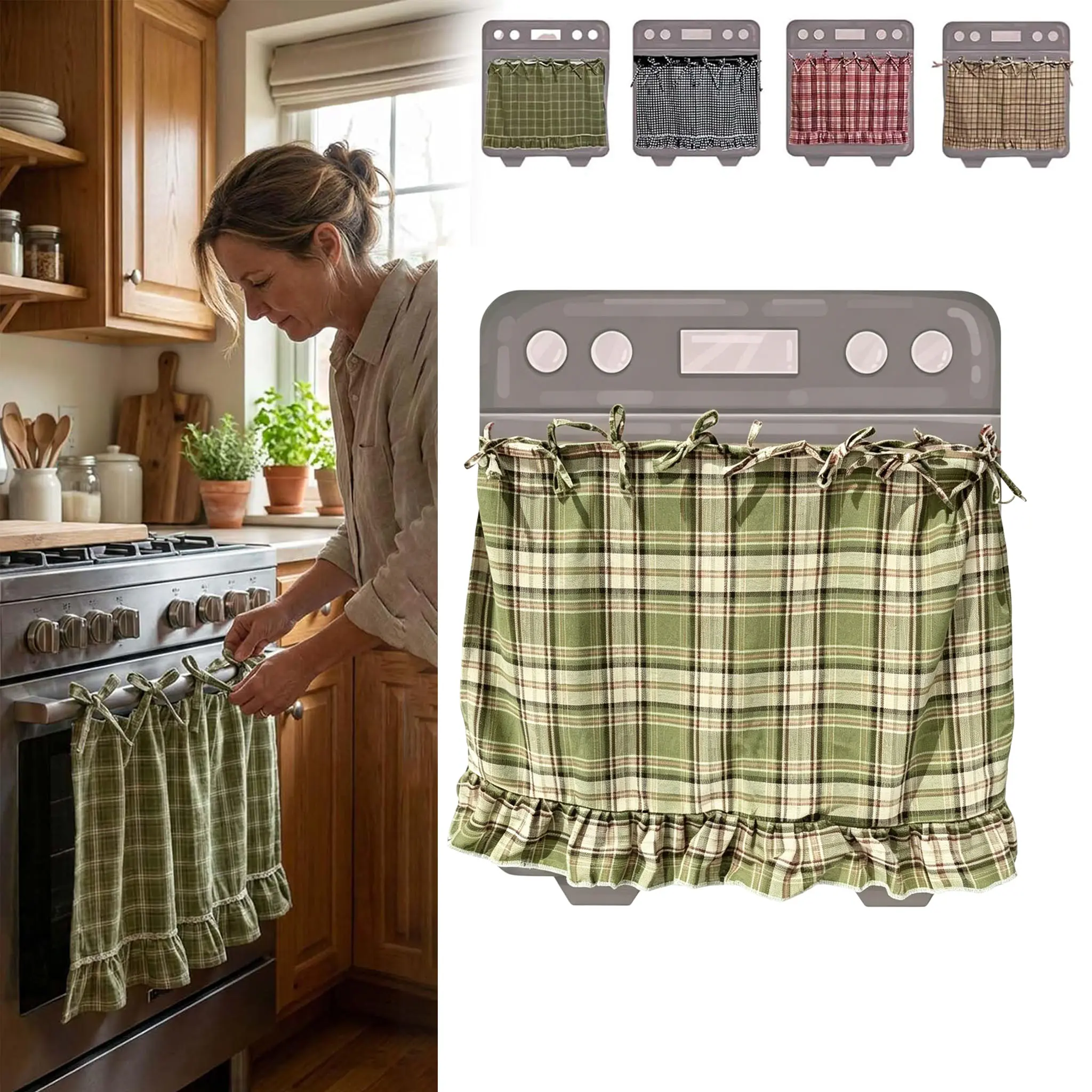 Handmade Farmhouse Oven Skirts Oven Skirt Curtain for Door Oven Curtain Tie Top Farmhouse Kitchen Décor Heat-Resistant Effortless Install Hide Clutter for OvenDishwashers Washing Machine
