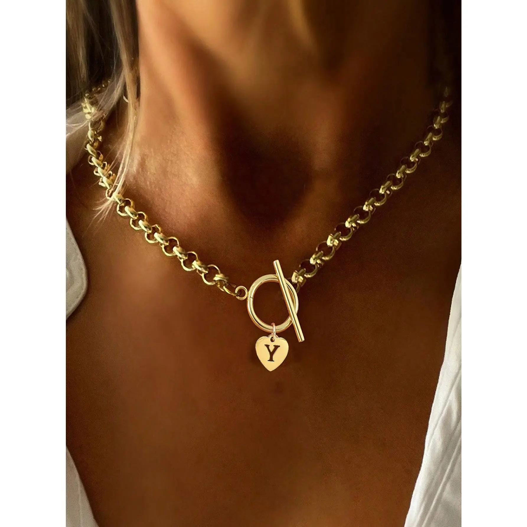 1pc Simple Silver Color Heart Hollow Initial Pendant Toggle Clasps Stainless Steel Chain Necklaces For Women 1pc Simple Silver Color Heart Hollow Initial Pendant Toggle Clasps Stainless Steel Chain Necklaces For Women