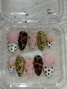 Handmade Tortoiseshell Gold Chrome Press On Nails, Luxury Mob Wife Aesthetic Nails, Polka Dot French Tip & Star Nail Art