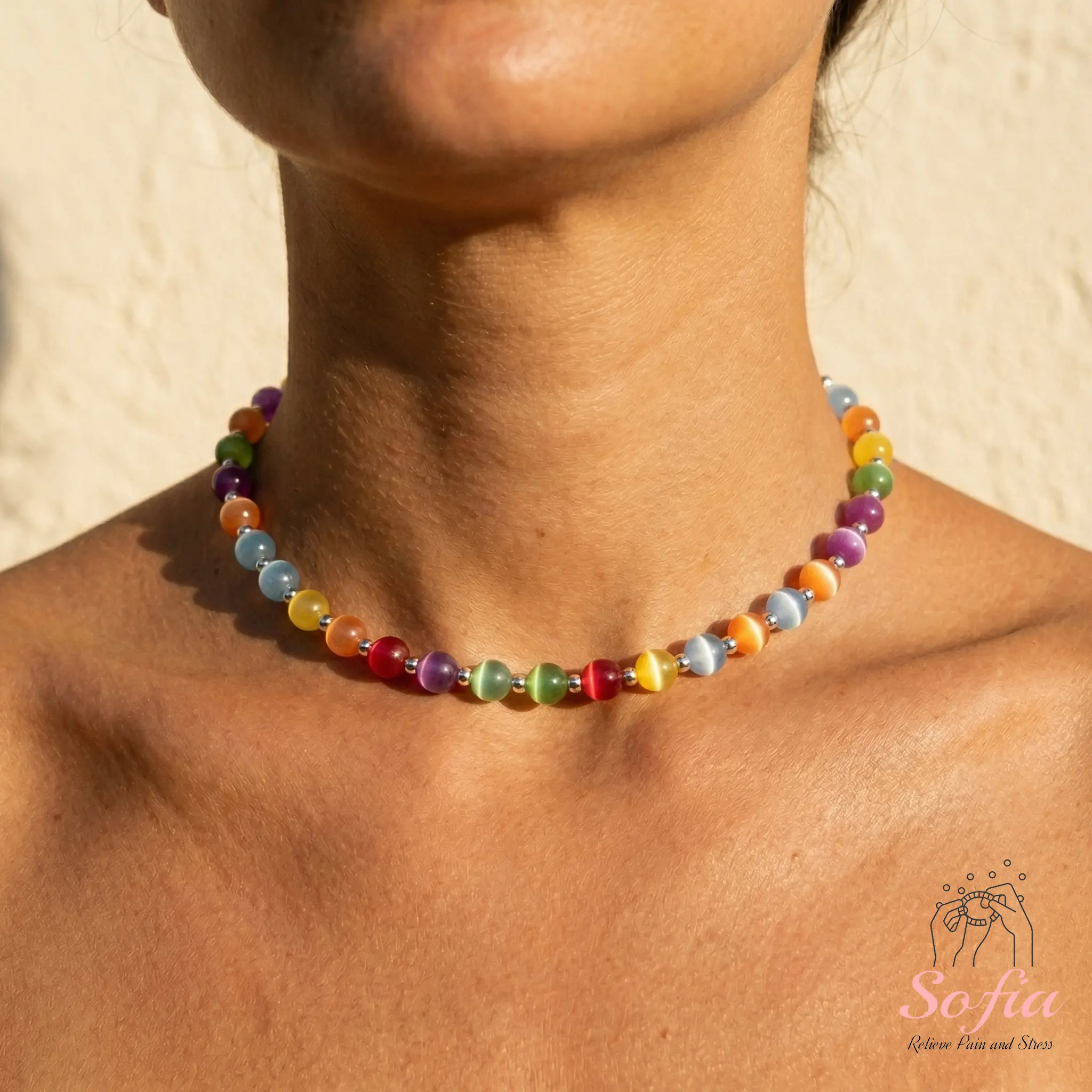 Sofia Dopamine Rainbow Beaded Choker - UV Reactive Waterproof Stainless Steel Adjustable Necklace, Daily Versatile Chain, Funky Unique Whimsical Colorful Jewelry, Summer Costume Accessory