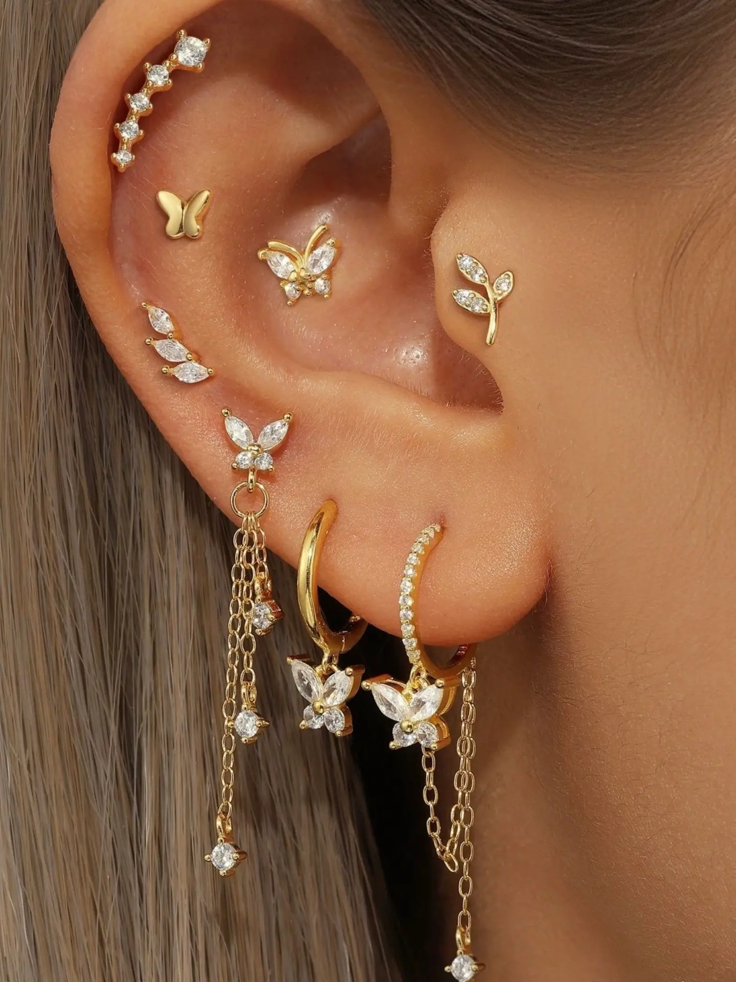 Elegant S925 Silver Butterfly Chain Earrings Set, Women's Dangle Ear Studs with Crystal Stones, Fashion Jewelry Accessories, Unique Design Earrings, Dangling Earrings
