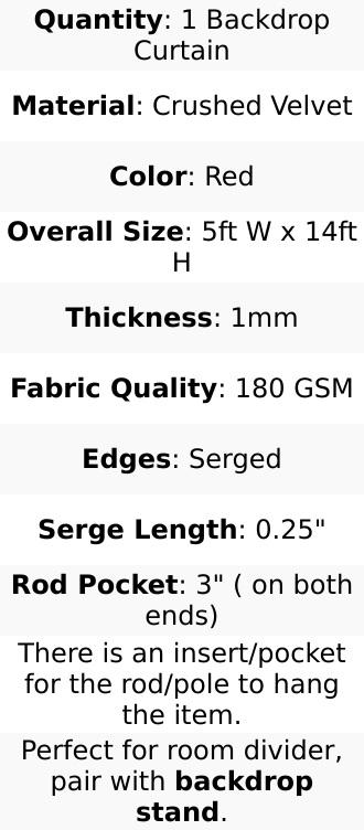 Red Crushed Velvet Backdrop Curtain – 5ft x 14ft Event Drape with Rod Pocket, Privacy Panel for Photo Booths & Events