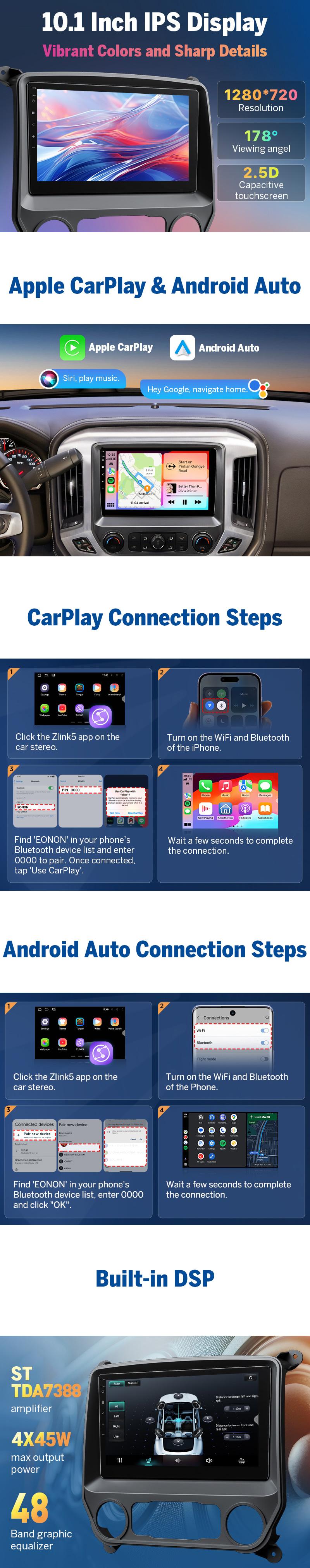 Eonon Car Stereo for Chevy Silverado GMC Sierra 2014-2018 Android 13/14 Head Unit with Wired/ Wireless CarPlay Android Auto 10.1" Car Radio Touch Screen SWC Sub BT Backup Camera Dashboard Upgrade - GMSX7A / GMSX6S2