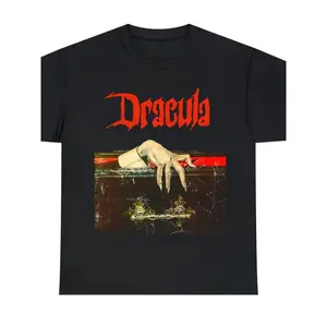 Women's Vintage Dracula Graphic Print T-Shirt - Black with Red Gothic Lettering & Coffin Design, Short Sleeve Crew Neck Casual Top, Machine Washable Summer & Spring Tee, Lightweight Clothing, Horror Aesthetic Shirt, Comfortable Fit Shirt