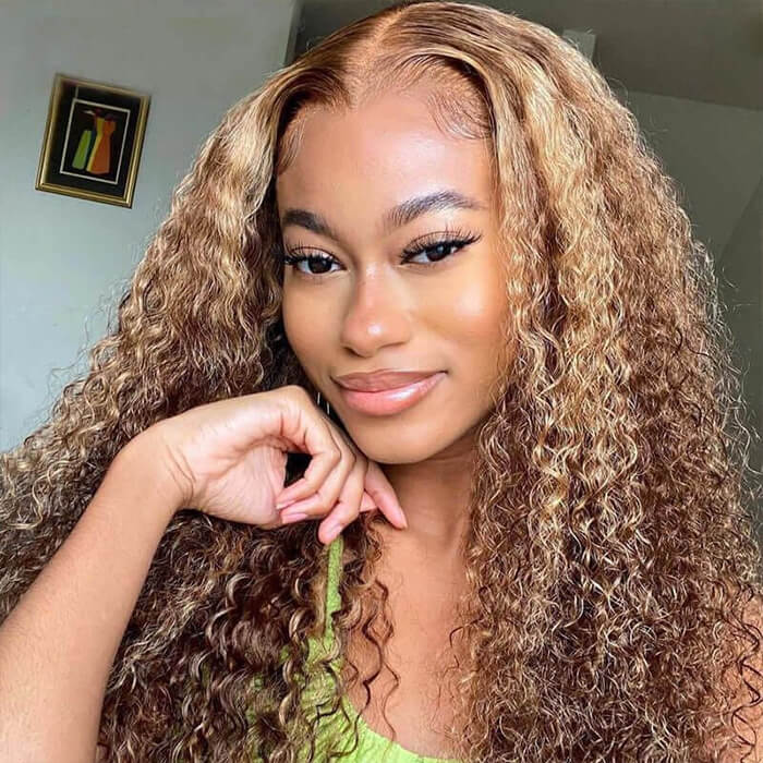 Pizazz Hair Highlight Ombre Curly Lace Front Wigs Human Hair Pre Plucked 13x5 /13x6 HD Transparent Honey Blonde Curly Human Hair Lace Frontal Wigs For Women