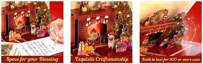 Christmas Card Pop Up with Light and Music 3D Santa Fireplace Merry Christmas Greeting Card with Envelope for Kids Girls Women Man Christmas Gift