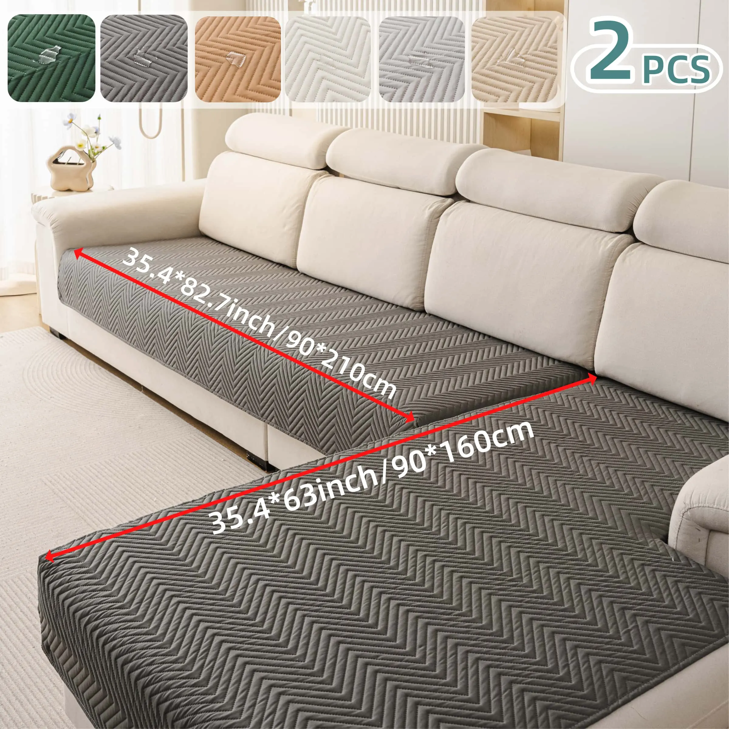 2 PCS Waterproof  Sofa cover, Thick Quilted Non-Slip Couch Seat Covers, Soft Couch Protector, Pet-Friendly Washable Sofa Protector for Living Room，Large Size Sectional Sofa Pads for Chaise & L-Shaped Sofa, Washable Dustproof Sofa Slipcover Set