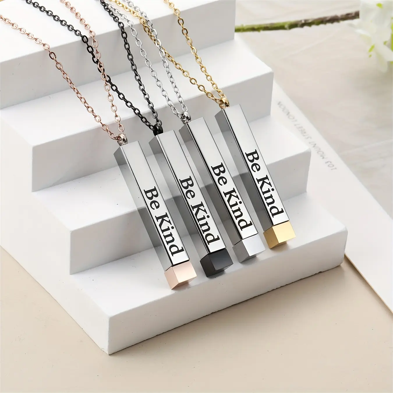 [Popular Choice] "Be Kind" Inspirational Necklace for Men and Women - 1pc Vertical ID Bar with Hidden Message, 3D Engraved Stainless Steel Pendant, Perfect Gift for Best Friend, Square Tubular, Interesting Language, Jewelry Gifts