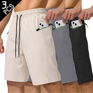 3PCS, Men’s casual solid-color cargo shorts, 3-pack, featuring double-sided horizontal zipper pockets, perfect for summer wear