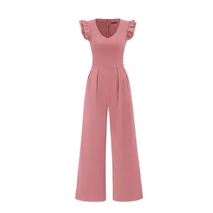 PrettyGarden One Piece Jumpsuits For Women Dressy Ruffle Cap Sleeve V Neck Ribbed Knit Wide Leg Romper Casual Spring Outfits