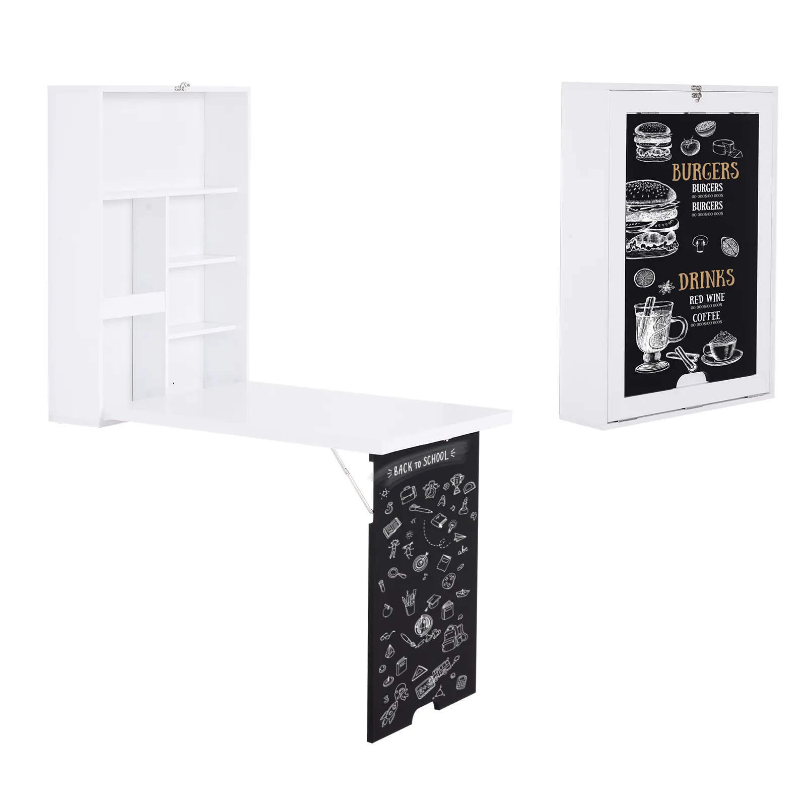 Wall-mounted foldable floating desk fitted with blackboard and storage shelves features multi-grid storage design for easy folding storage ideal for study and office use in small sized bedrooms