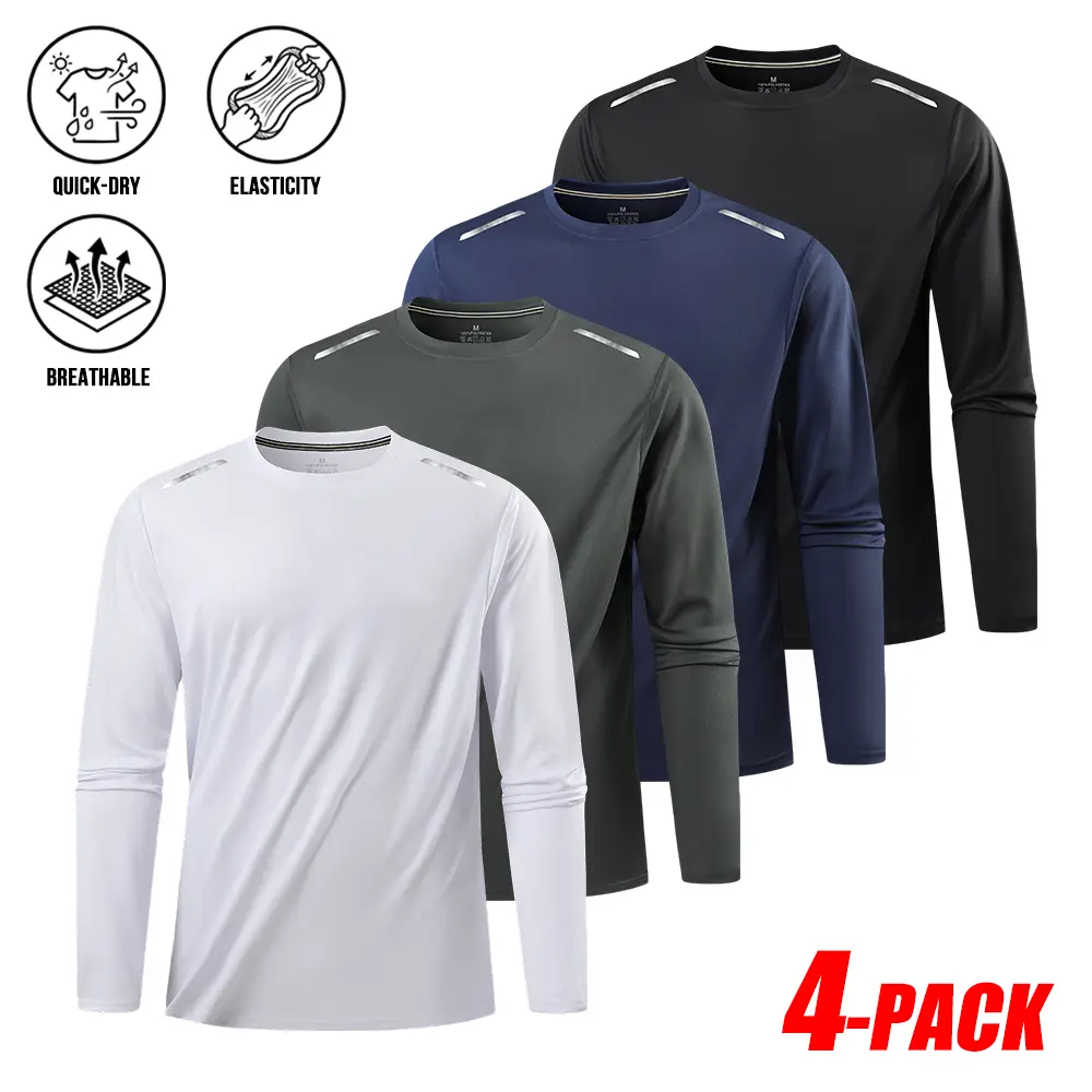 4-PACK Minimalist Four Tone Plain Reflective Detail Long Sleeve Athletic Shirts, Lightweight Quick Dry Breathable Stretch Mesh, Clean Fit Crew Neck Active Streetwear Tops Value Set