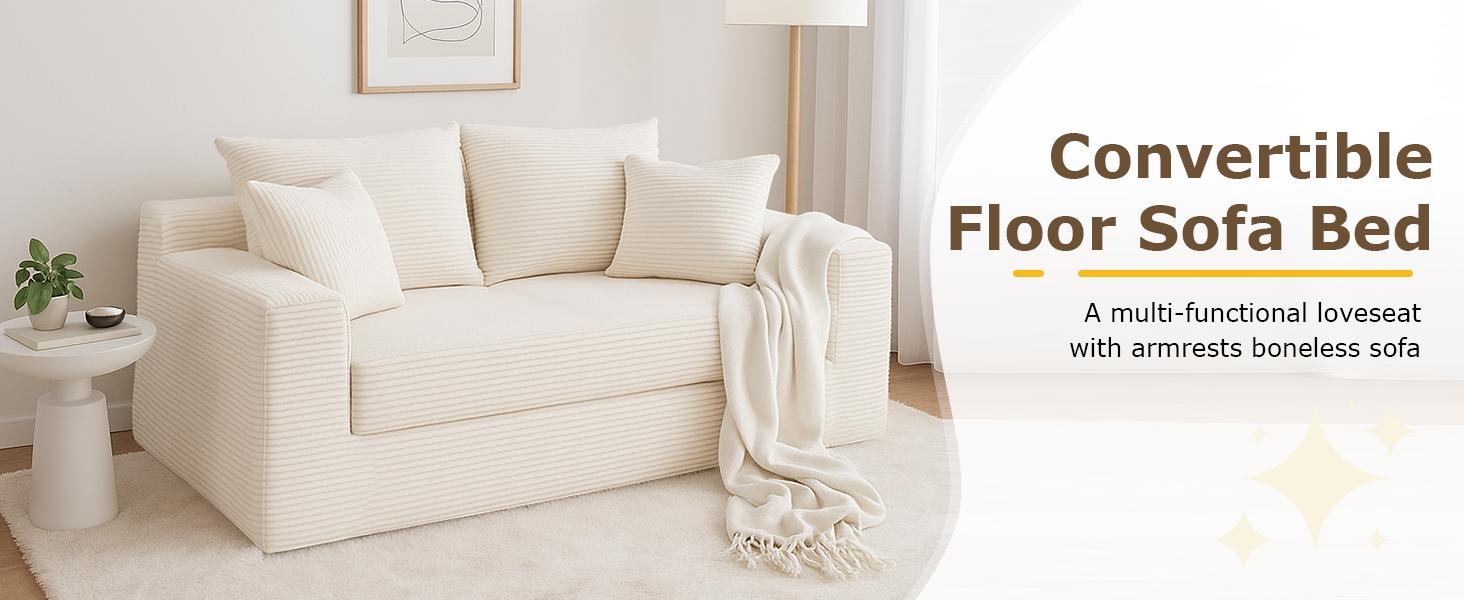 Winzoo Convertible Sofa Bed 3 in 1 Loveseat Folding Couch Bed Foldable Chaise Lounge Chair Floor Futon Sleeper Corduroy with 4 Pillows for Living Room