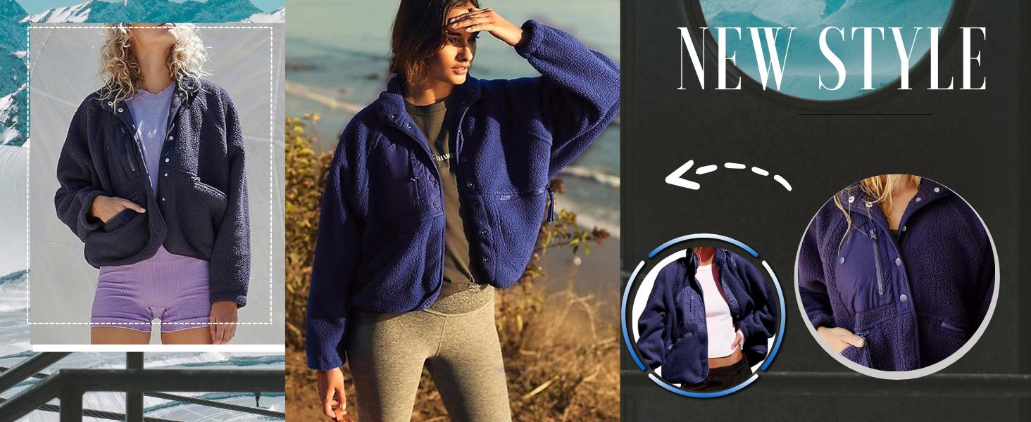 SCUSTY Women's Sherpa Lined Fleece Jacket Winter Warm Cropped Outerwear with Pockets