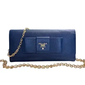 Pre-owned PRADA Leather Crossbody Bags Indigo Saffiano Bow Wallet with added Chain