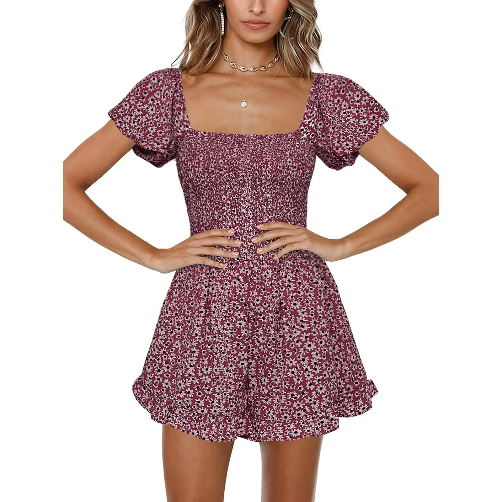 Cicy Bell  Women's Boho Flower Print Shirred Smocked Tube Top & Wide Leg Pants Romper Jumpsuit with Square Neck & Elastic High Waist