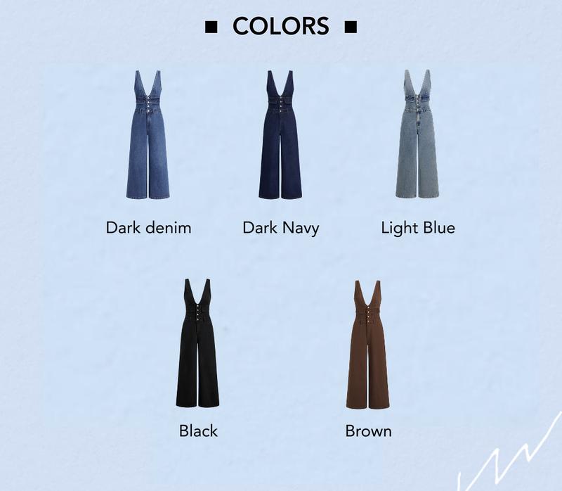 Cider Denim V-neck Button & Pocket Wide Leg Jumpsuit | for Casual to Business Wear