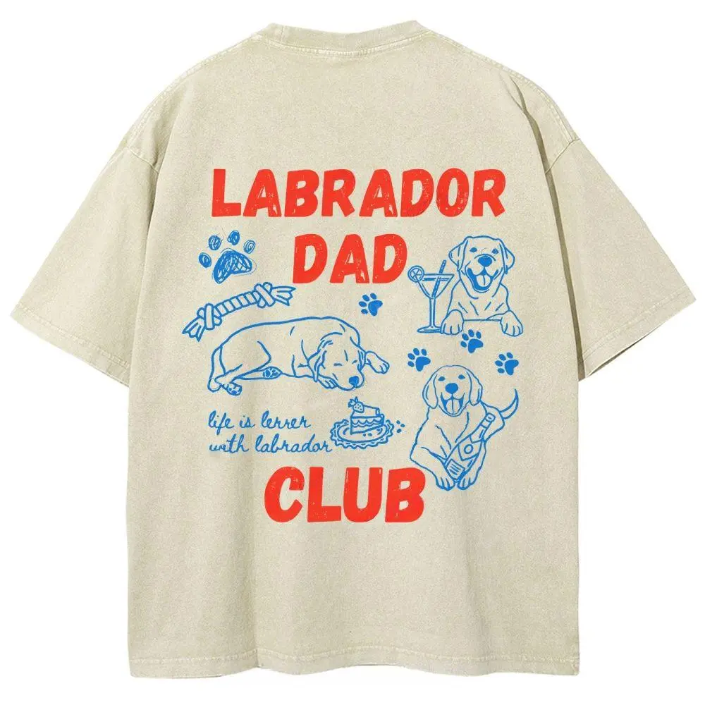 Labrador Dad Club T-shirt, Men's Casual Cotton Comfort Shirt, Vintage CrewNeck Acid Washed Oversized Drop Shoulder Heavyweight T-shirt, Baggy Workout Tops Short Sleeve Shirt