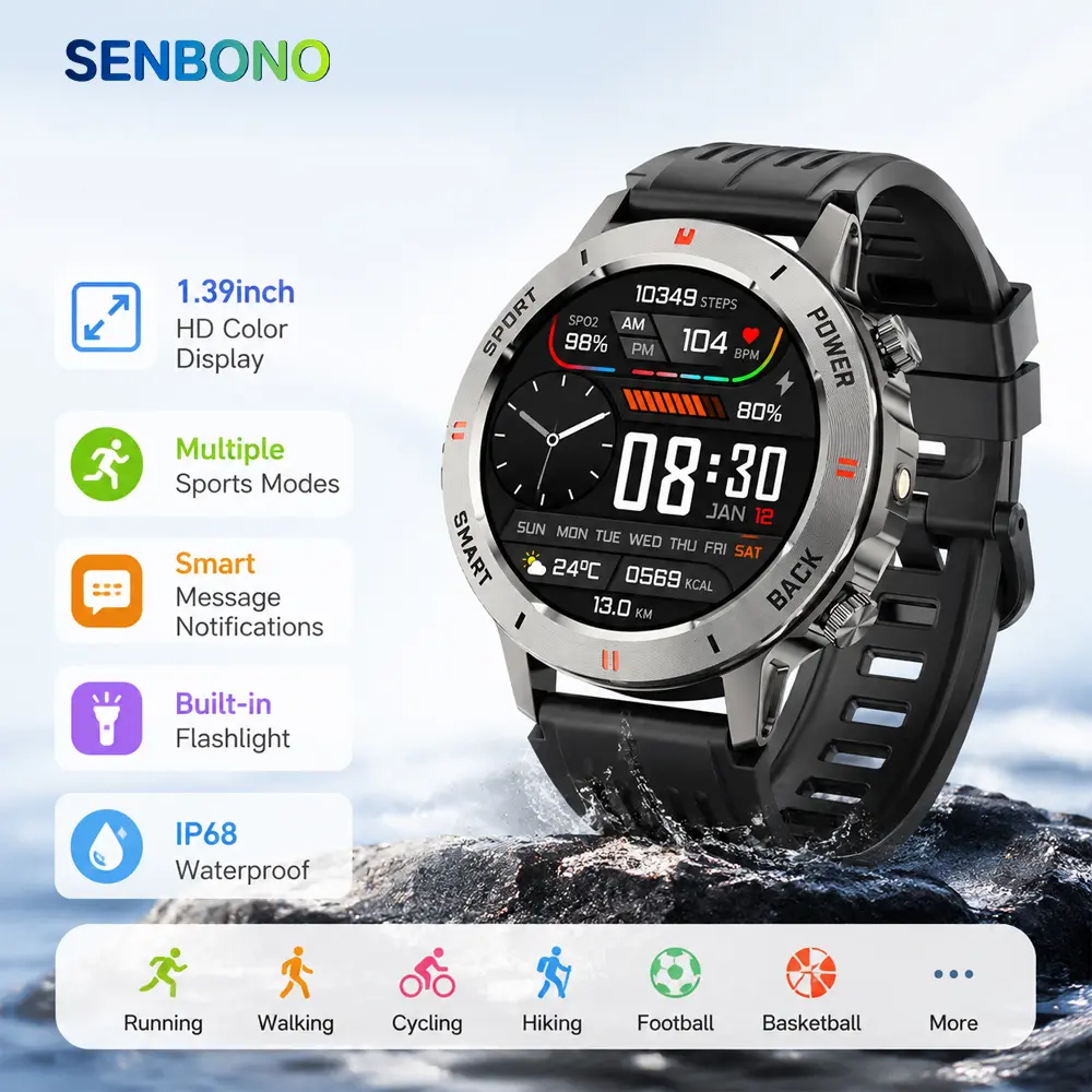 SENBONO Men's Wearable Smartwatch - Multiple Sports Modes, Fitness Tracker, IP68 Water Resistance, Call Reminders, Weather Forecast, Bluetooth Link, Dual OS Sync, HD AMOLED Display, Compatible with Android & iOS Devices, Ip68 Rated