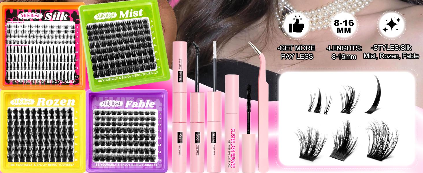 MilyBest 4Style Mini Boxes,1 Set Mixed Length Individval Eyelash Extensions Kit,Self Grafting False Eyelashes with Tweezers&Glue&Remover,Prefessional Eye Makeup Accessories for Women
