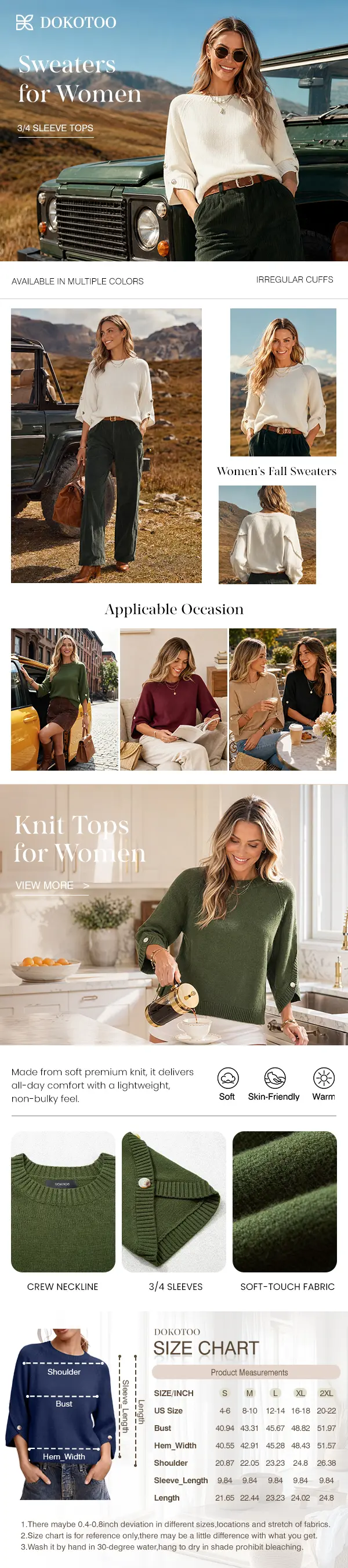 Dokotoo Womens Three Quarter Length Sleeve Casual Oversized Trendy Knitwear Sweaters Crewneck Sweater Knit Tops Button Sleeve Knit Pullover Dokotoo Womens Three Quarter Length Sleeve Casual Oversized Trendy Knitwear Sweaters Crewneck Sweater Knit Tops Button Sleeve Knit Pullover