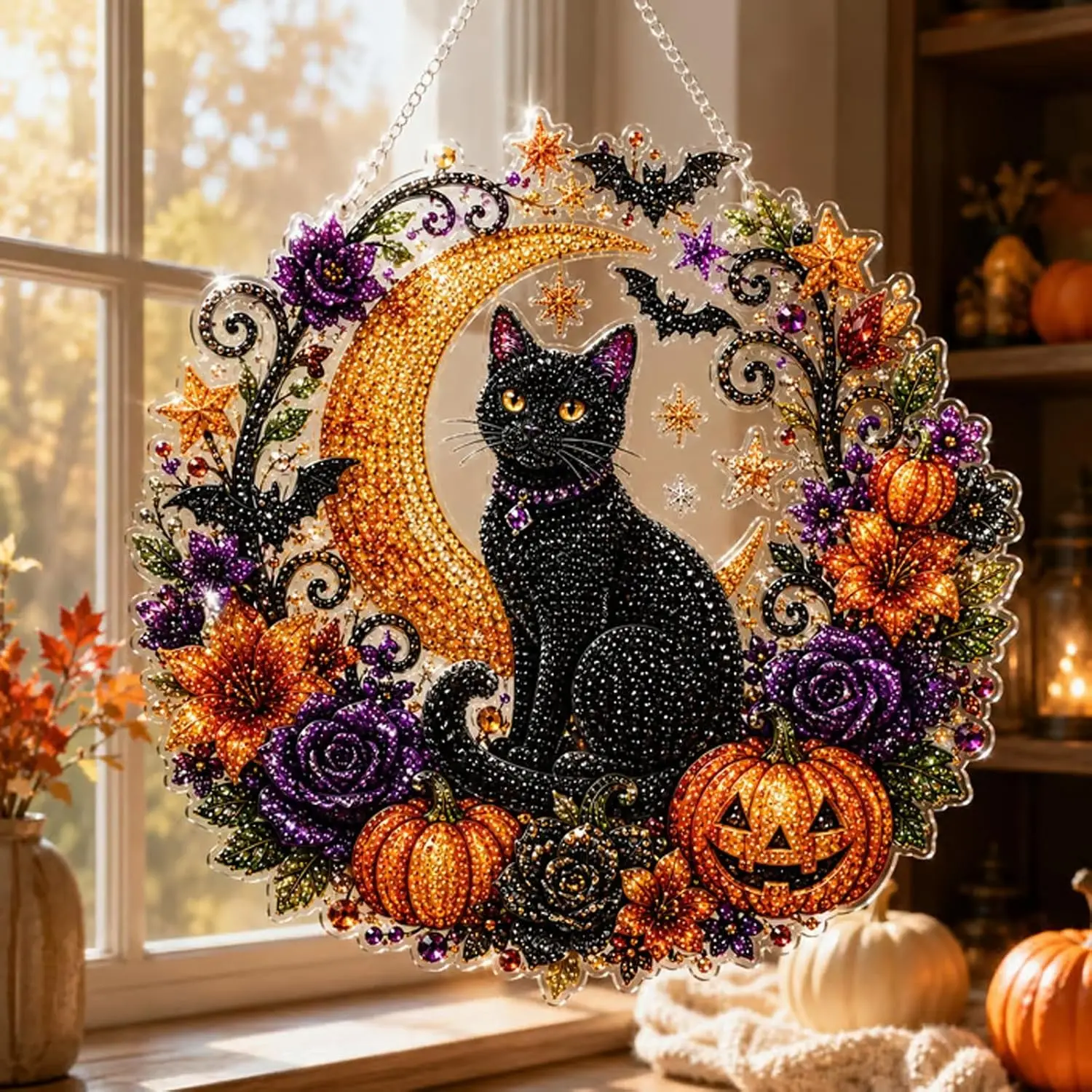 Halloween DIY Diamond Art Hanging Ornament Kit Black Cat Pumpkin Moon Double-Sided Sparkling Craft Decoration Home Decor Gift with Tools and Crystals