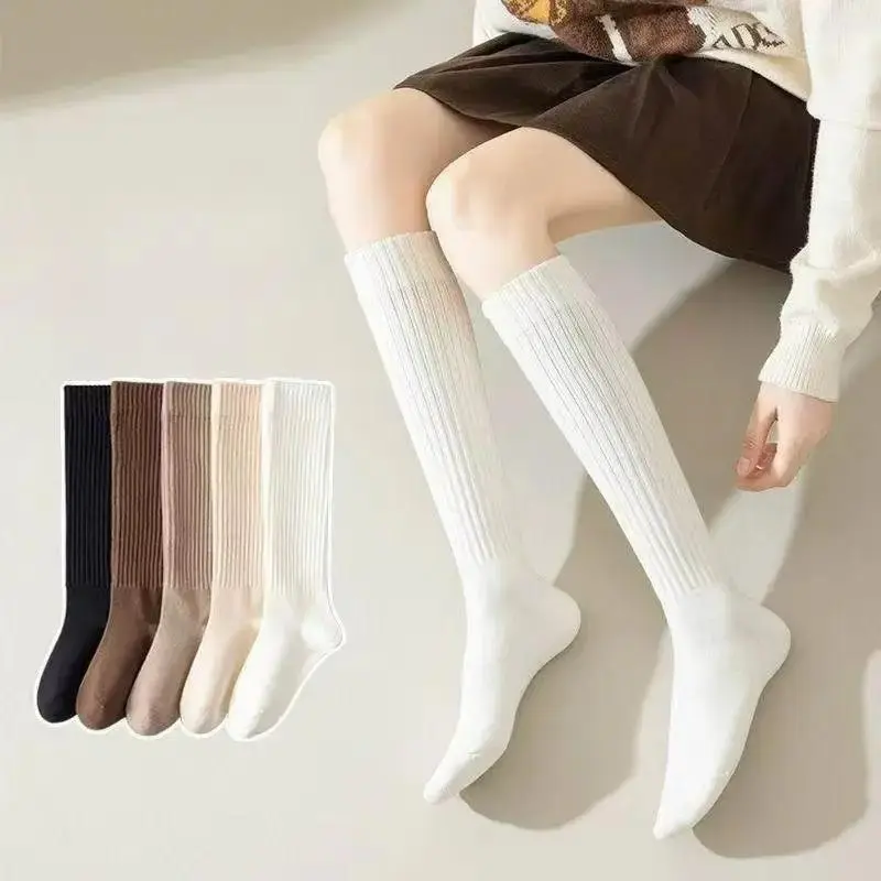 FEITAI 5 Pairs of Women's Warm Thick Calf Socks - Slim Fit, Solid Color with Side Stripes, Perfect for Fall and Winter Boots